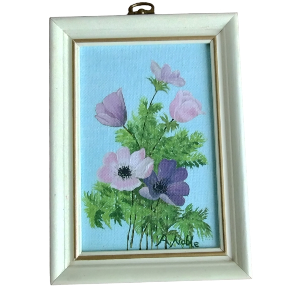 Vintage Floral Oil Painting Purple Anemone Flower Mid Century Framed Artwork